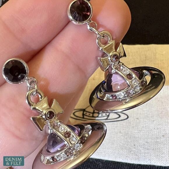 Vivienne Westwood Mayfair Orb Drop Earrings Silver Lilac Crystal Set NEW - Picture 7 of 10
